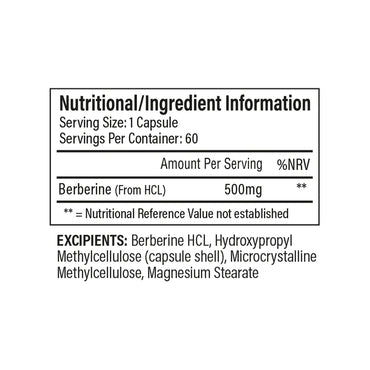 Nutritional/ingredient information label for a supplement capsule with Berberine HCL on a white background.