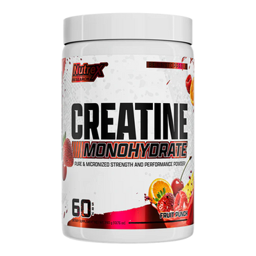 Creatine monohydrate supplement container with fruit punch flavor on a white background
