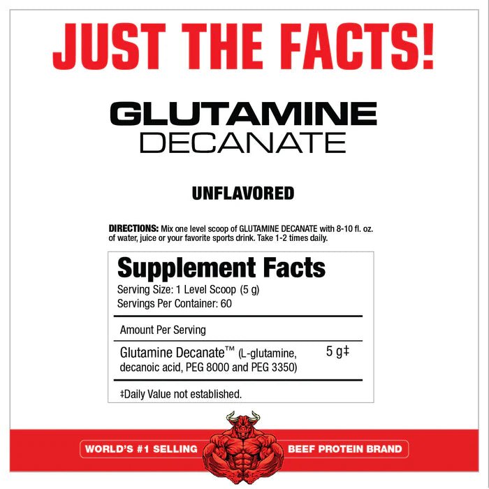 Supplement label for Glutamine Decanate with directions and supplement facts.