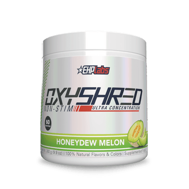Supplement container labeled 'OXYSHRED' by EHP Labs with honeydew melon flavor on a white background
