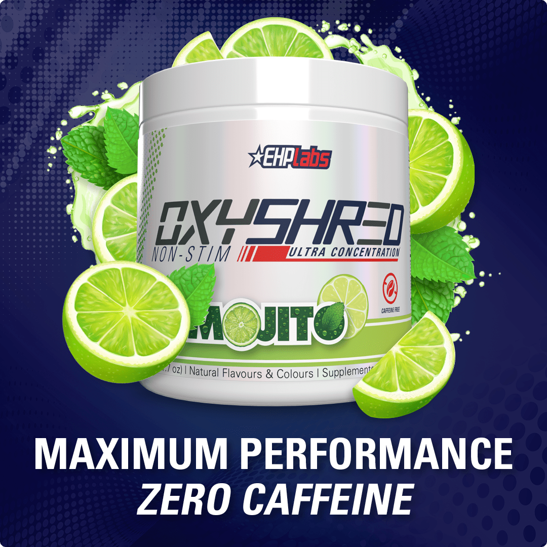 OxyShred Mojito supplement container with lime slices on a blue background
