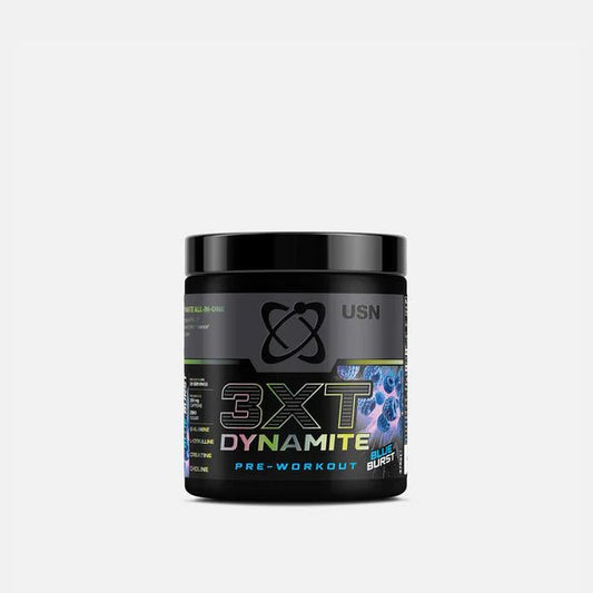 Black pre-workout supplement container labeled '3XT Dynamite' on a white background