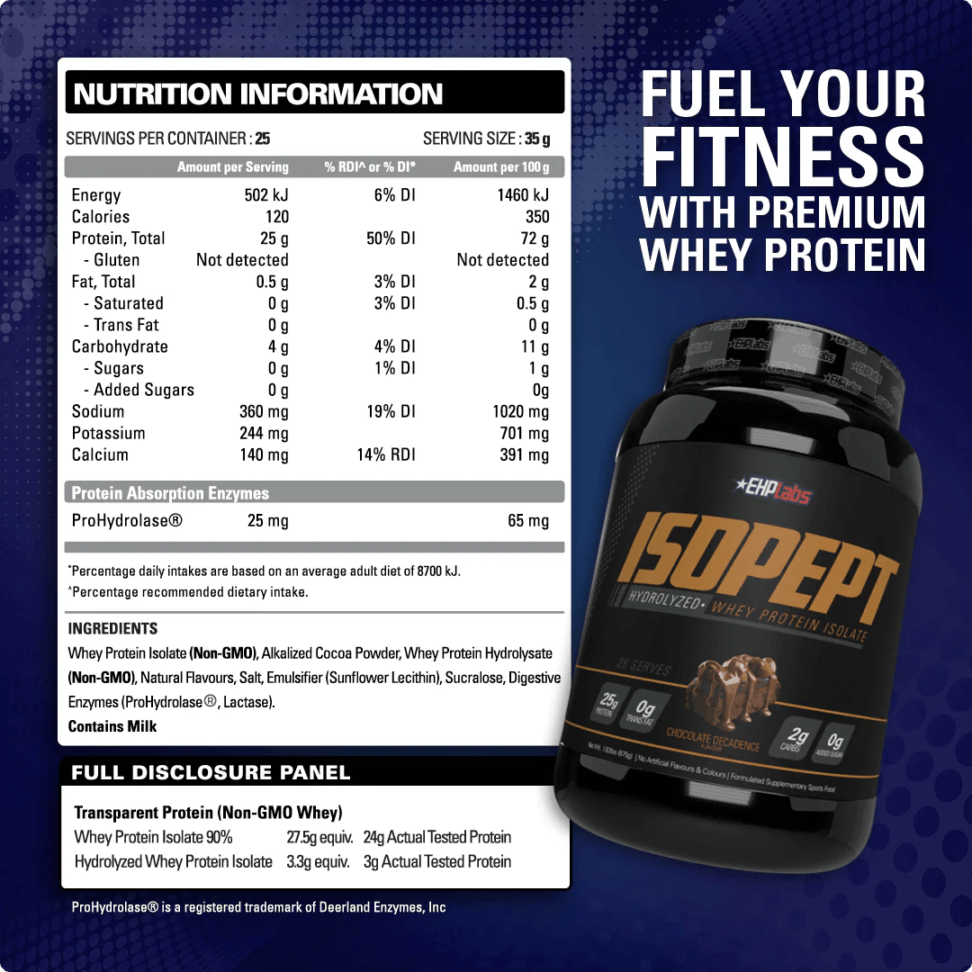 EHP Labs IsoPept 875g hydrolysed whey protein isolate tub with nutrition panel