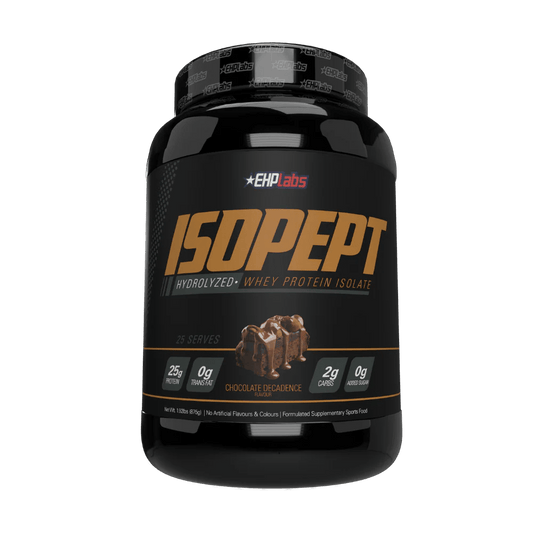 EHP Labs IsoPept hydrolysed whey protein isolate 875g jar, chocolate decadence flavour.