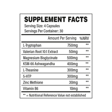 Supplement facts label with various ingredients and their amounts per serving.