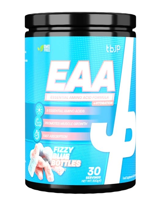 Container of EAA powder with blue label and black lid