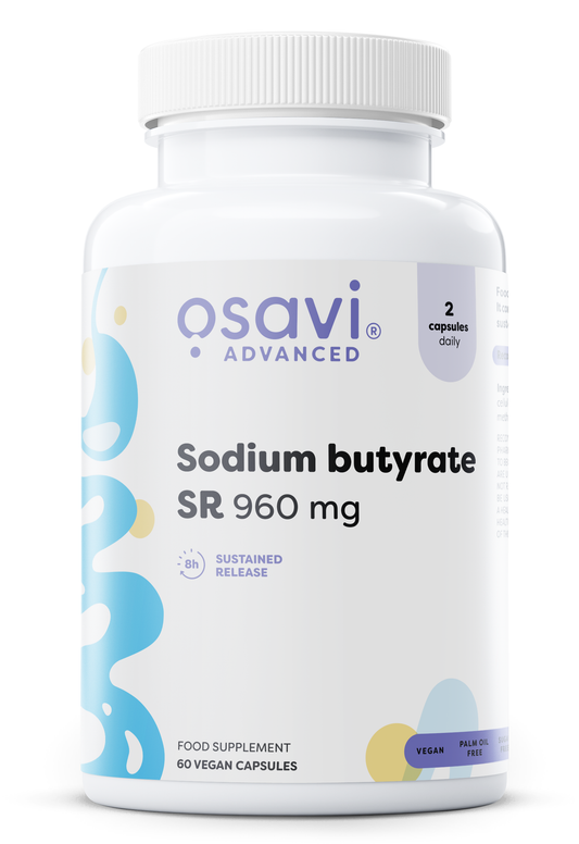 Osavi Advanced Sodium Butyrate SR 960 mg supplement bottle on a white background