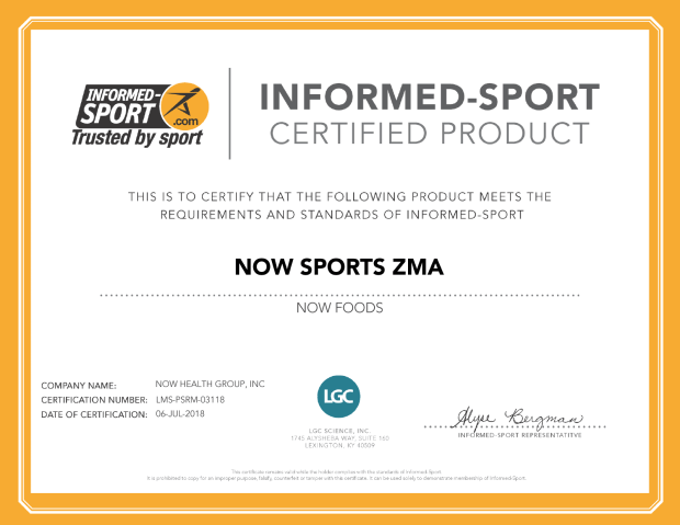 Informed-Sport certified product certificate for NOW Sports ZMA with certification details.