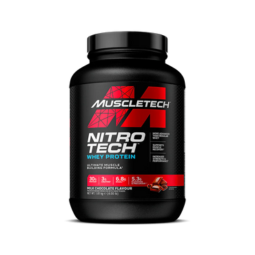 Muscletech Nitro Tech whey protein container on a white background