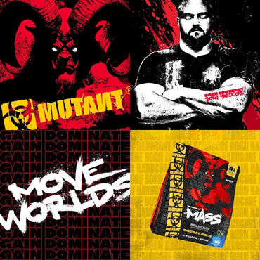 Collage of a muscular figure, 'Mutant' logo, and 'Gain Dominate Move Worlds' text on a red and black background.