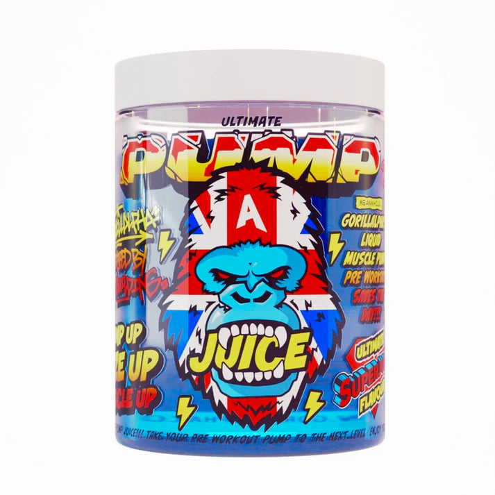 Supplement container labeled 'Pump Juice' with colorful design on a white background