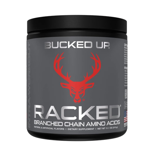 Supplement container labeled 'Bucked Up Racked' with a red deer logo on a black background
