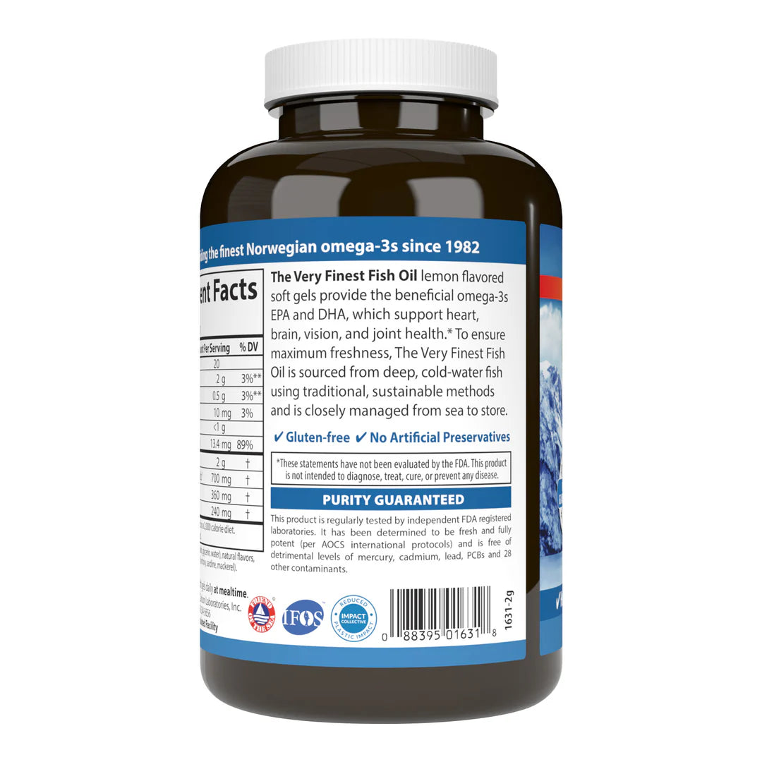 Fish oil supplement bottle with label on a white background