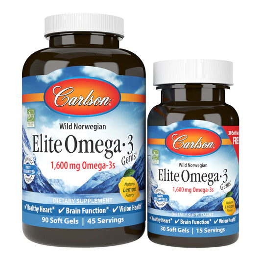 Two bottles of Carlson Wild Norwegian Elite Omega-3 dietary supplements on a white background