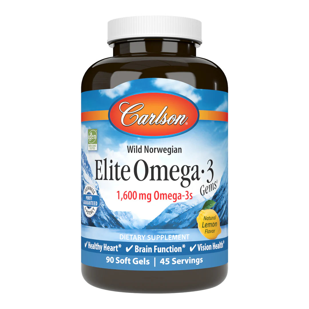 Carlson Wild Norwegian Elite Omega-3 dietary supplement bottle on a white background