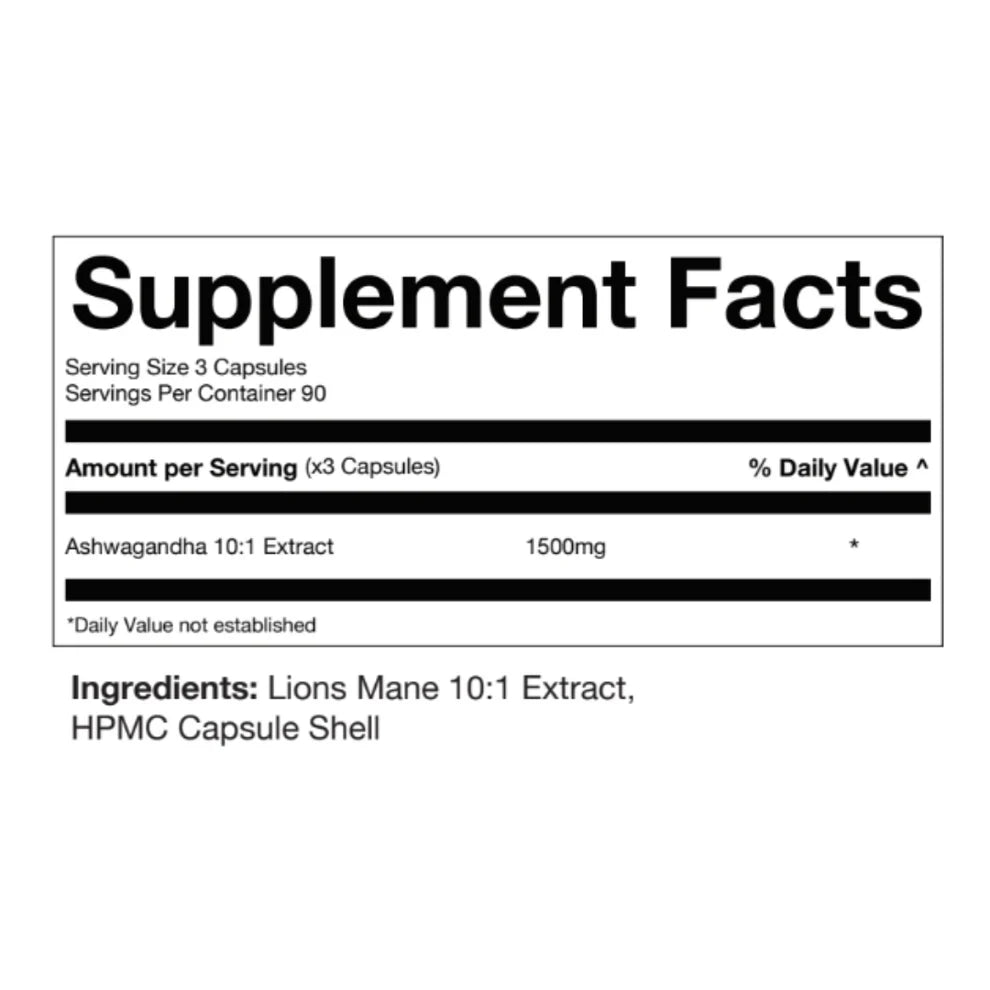 Supplement facts label with Ashwagandha extract and Lions Mane extract on a white background