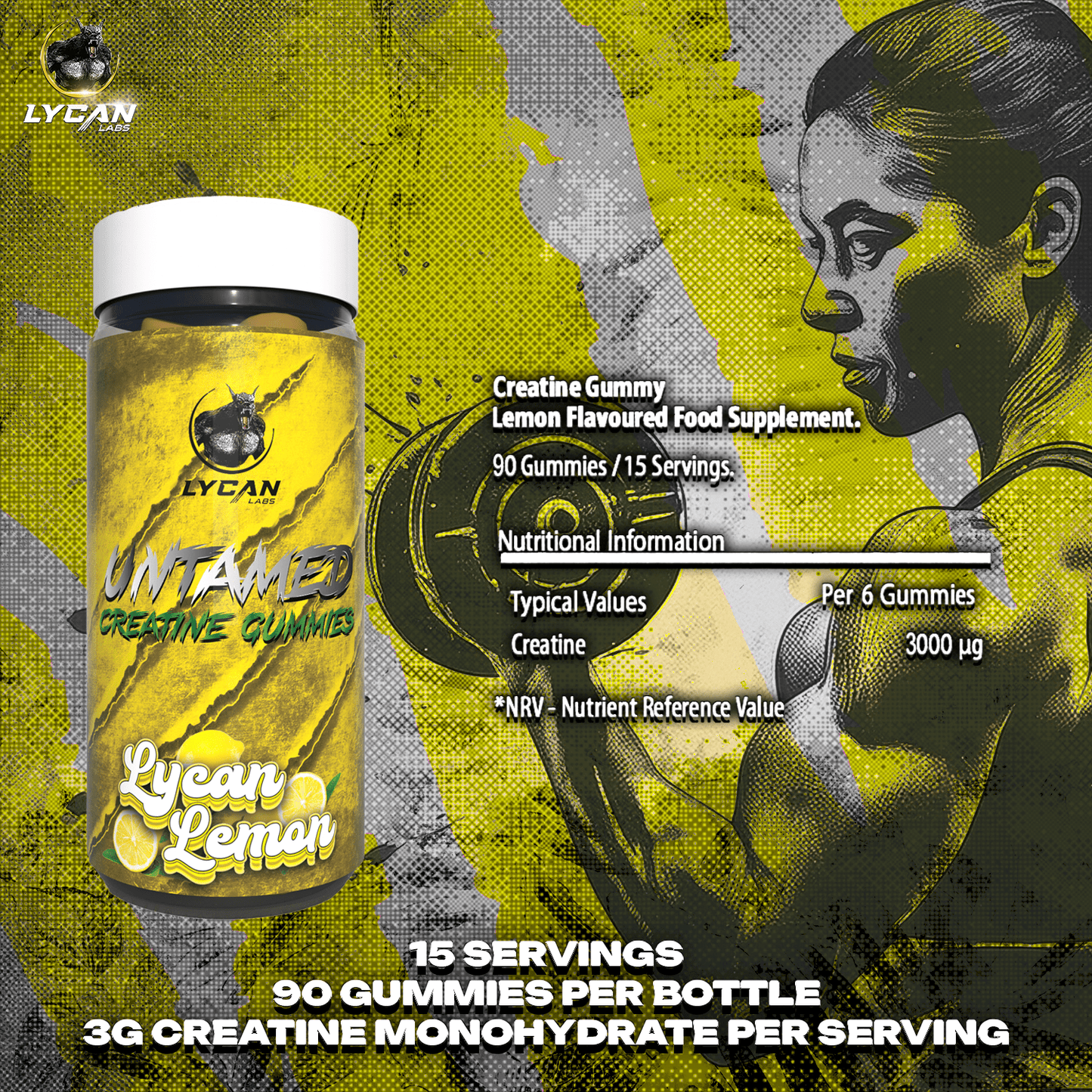 Lycan Labs Untamed Creatine Gummies – Lemon (300g, 90 Gummies) image 2