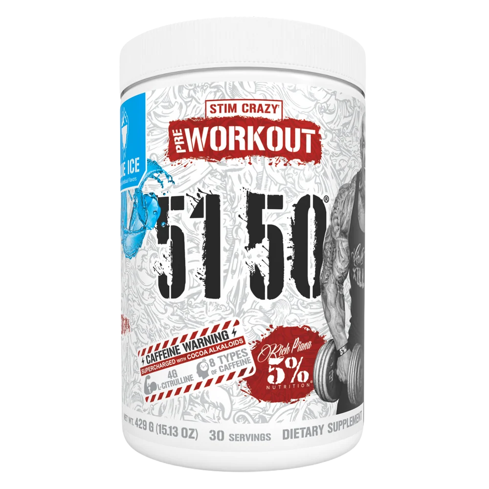 Supplement container labeled 'The Workout 5150' with branding and nutritional information on a white background.