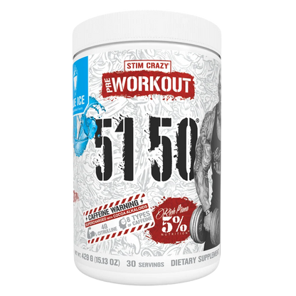 Supplement container labeled 'The Workout 5150' with branding and nutritional information on a white background.