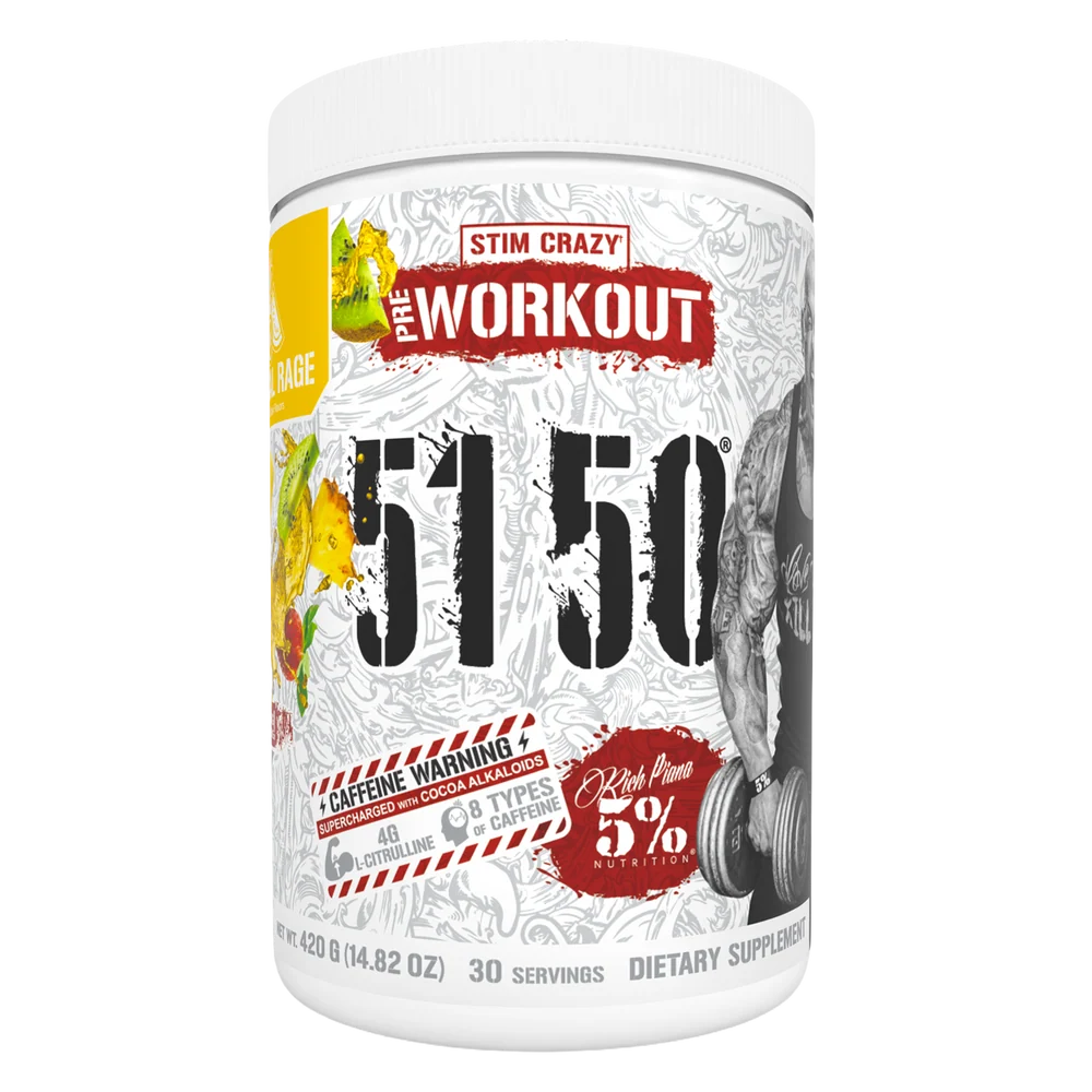A white plastic tub of Stim Crazy Pre Workout 5150 dietary supplement on a plain white background.