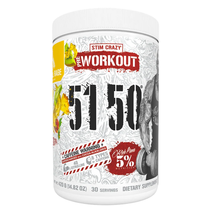A white plastic tub of Stim Crazy Pre Workout 5150 dietary supplement on a plain white background.