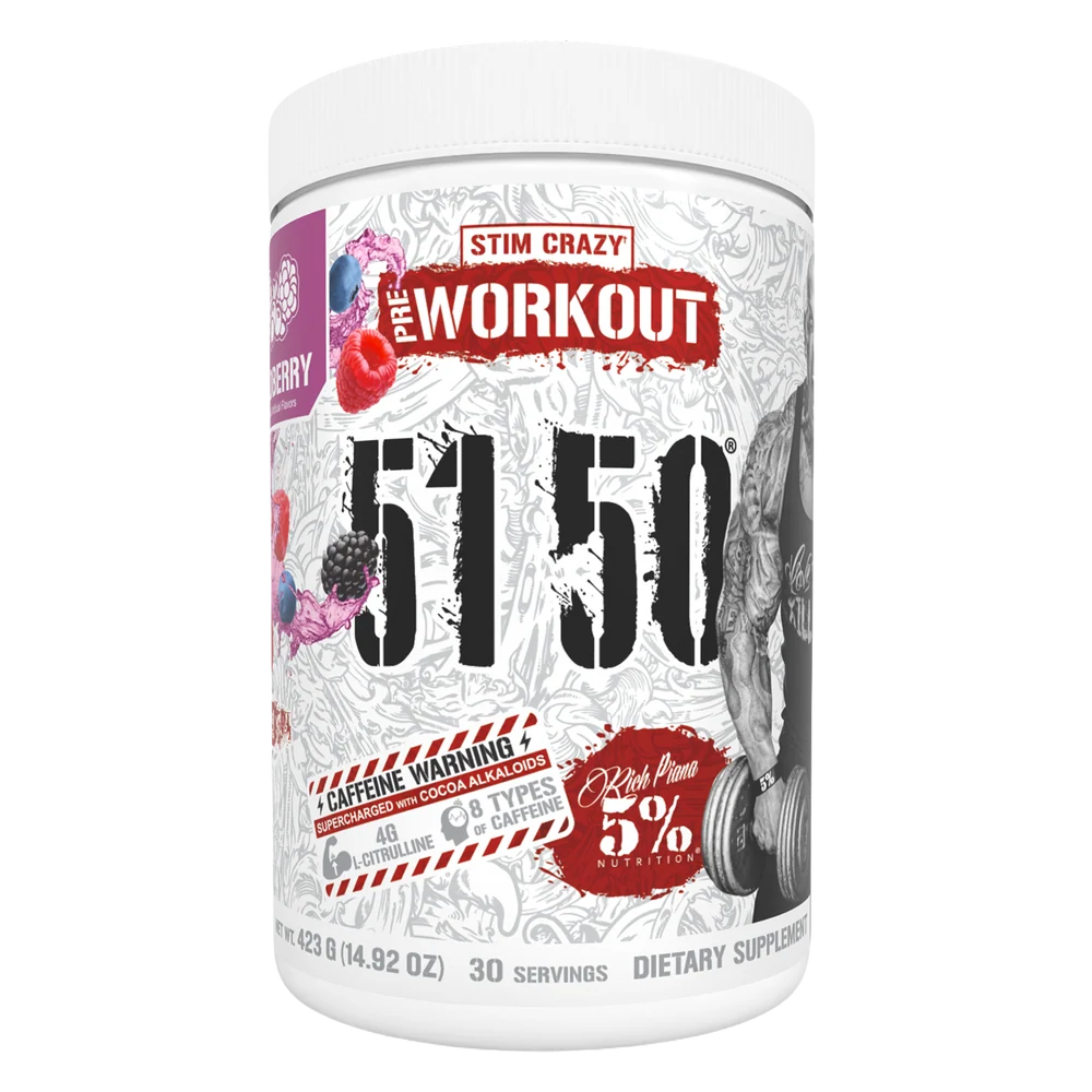 Supplement container labeled 'The Workout 5150' with various graphics and text on a white background.