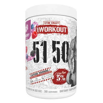 Supplement container labeled 'The Workout 5150' with various graphics and text on a white background.