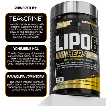 Supplement container labeled 'Lipo 6 Hers Ultra Concentrated' with ingredients listed on a white background.