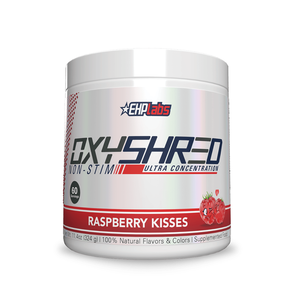 Supplement container labeled 'OXYSHRED' by EHP Labs with raspberry kisses flavor on a white background.