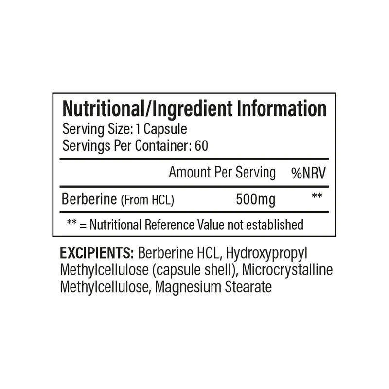 Nutritional/ingredient information label for a supplement capsule with Berberine HCL on a white background.