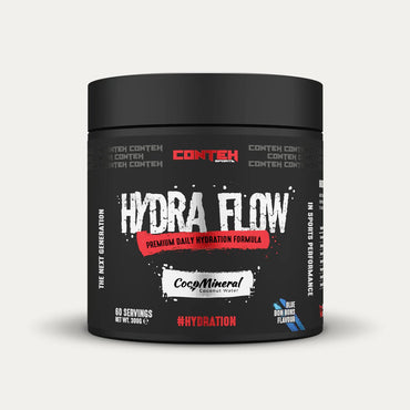 Black container of Conteh Sports Hydra Flow supplement on a light gray background