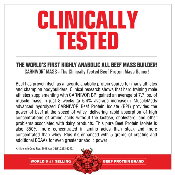 Advertisement for Carnivor Mass beef protein mass gainer with text and logo.