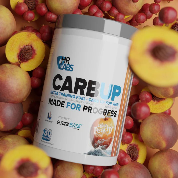 HR Labs Carb Up supplement container surrounded by peaches and berries
