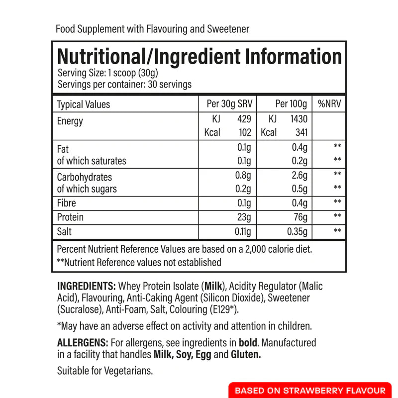 Nutritional and ingredient information label for a food supplement.