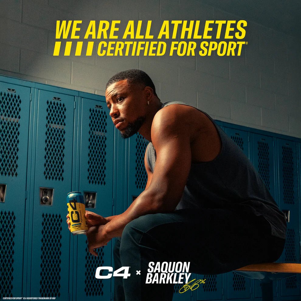 Man sitting in a locker room holding a C4 energy drink can with text about being athletes certified for sport.