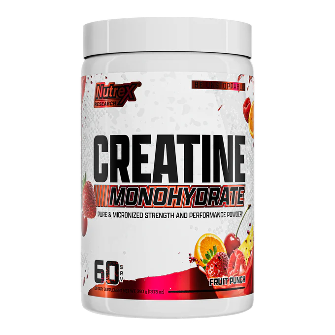 Creatine monohydrate supplement container with fruit punch flavor on a white background