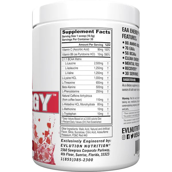 Supplement container with label showing nutritional information and branding on a white background