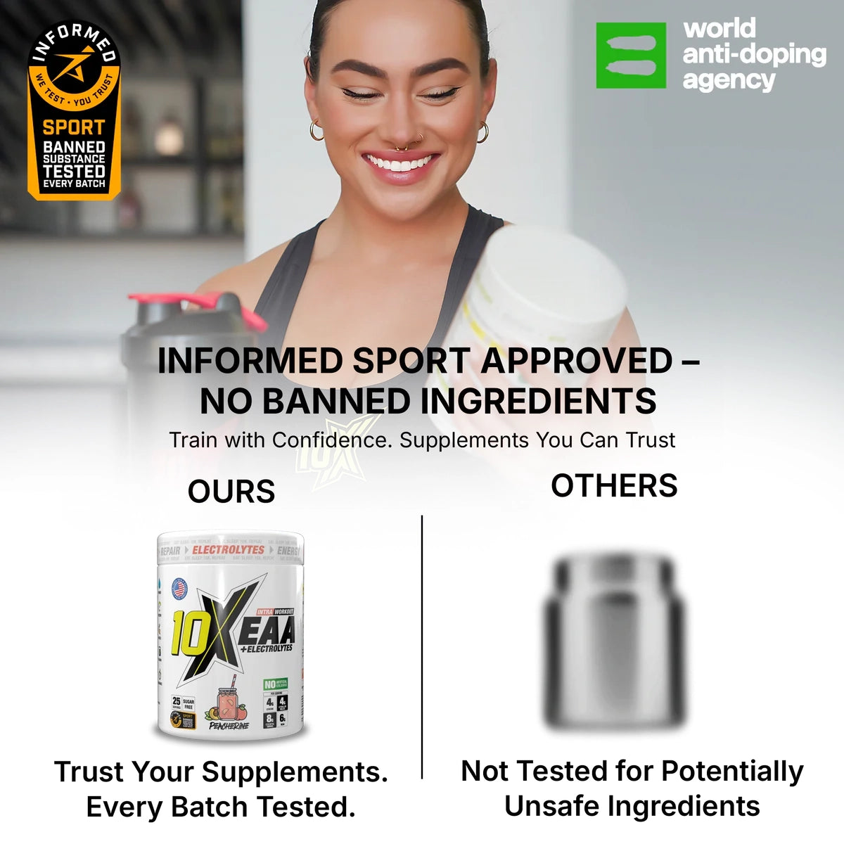 Advertisement for a supplement with a woman and text about informed sport approval and WADA certification.