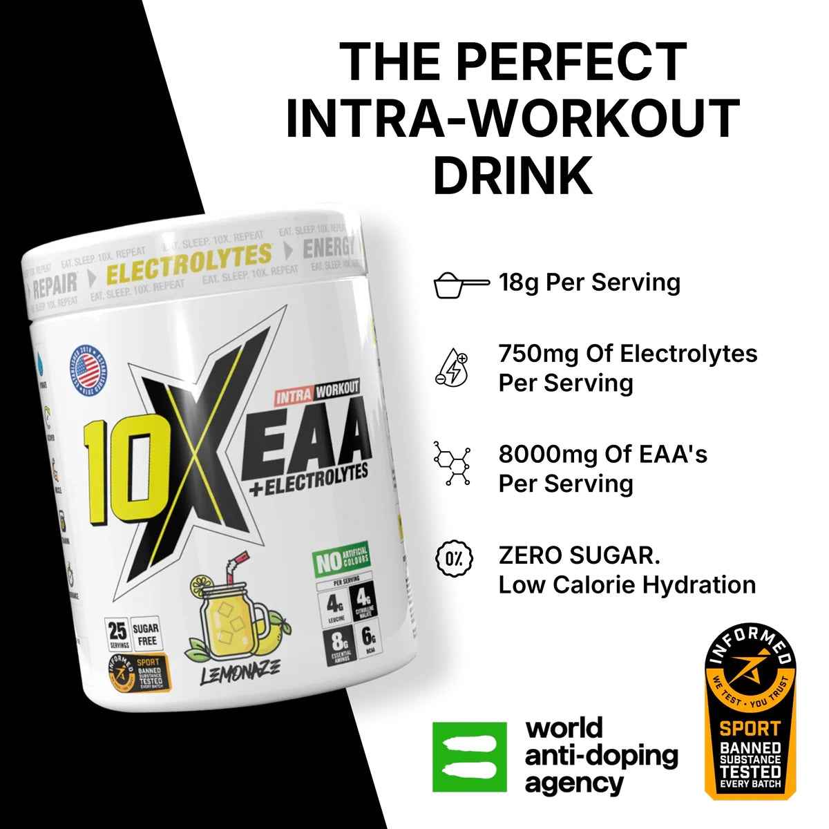 10X EAA + Electrolytes supplement container with product details on a white background