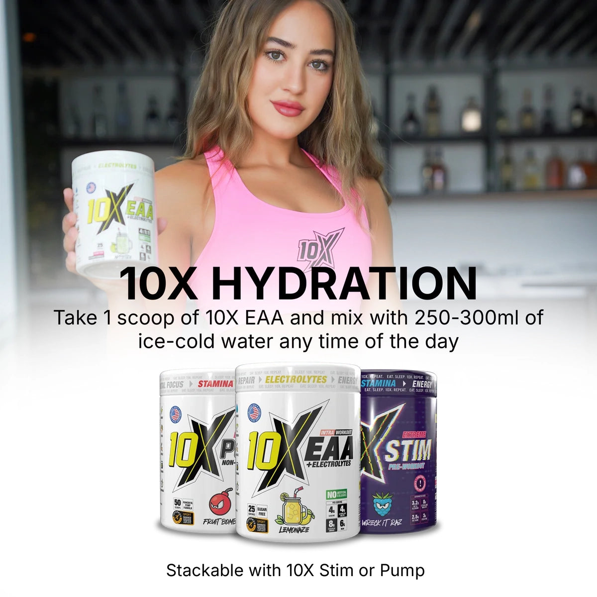 Woman holding a container of 10X EAA with product packaging displayed below.