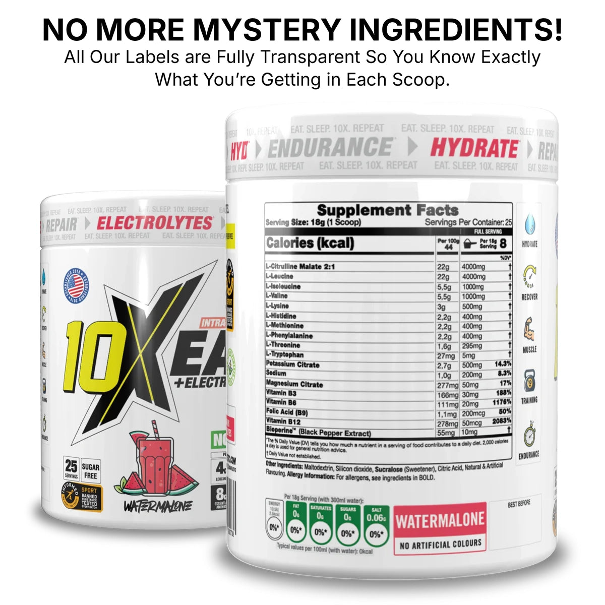 Two supplement containers with labels showing ingredients and nutritional information on a white background.