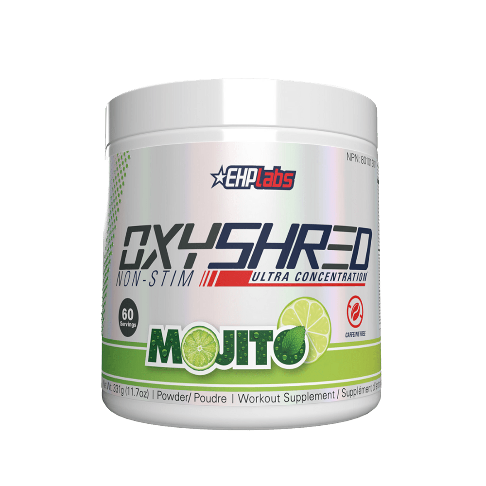OxyShred Mojito flavor supplement container with EHP Labs branding on a white background