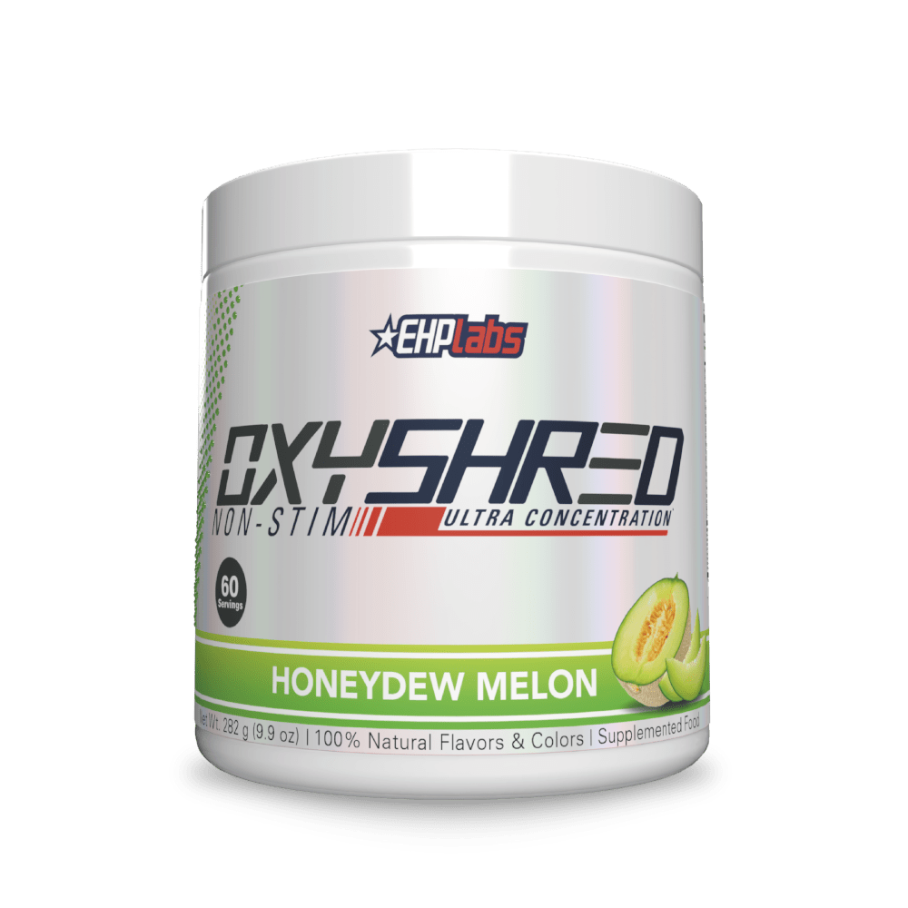 Supplement container labeled 'OXYSHRED' by EHP Labs with honeydew melon flavor on a white background