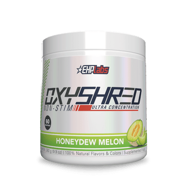 Supplement container labeled 'OXYSHRED' by EHP Labs with honeydew melon flavor on a white background