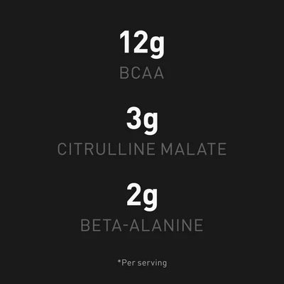 Nutritional label with BCAA, Citrulline Malate, and Beta-Alanine content per serving on a black background.