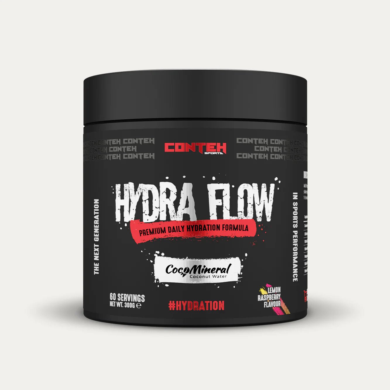 Container of Conteh Sports Hydra Flow supplement on a light gray background