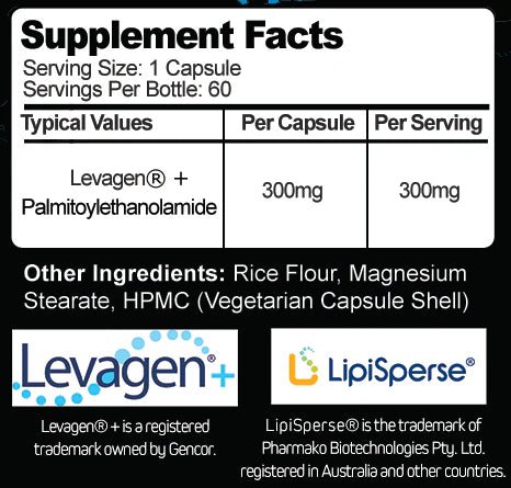 Supplement facts label with Levagen and LipiSperse branding.