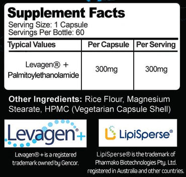 Supplement facts label with Levagen and LipiSperse branding.