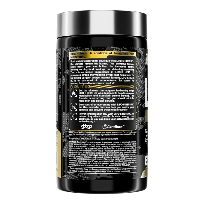 Black supplement container with detailed label on a white background