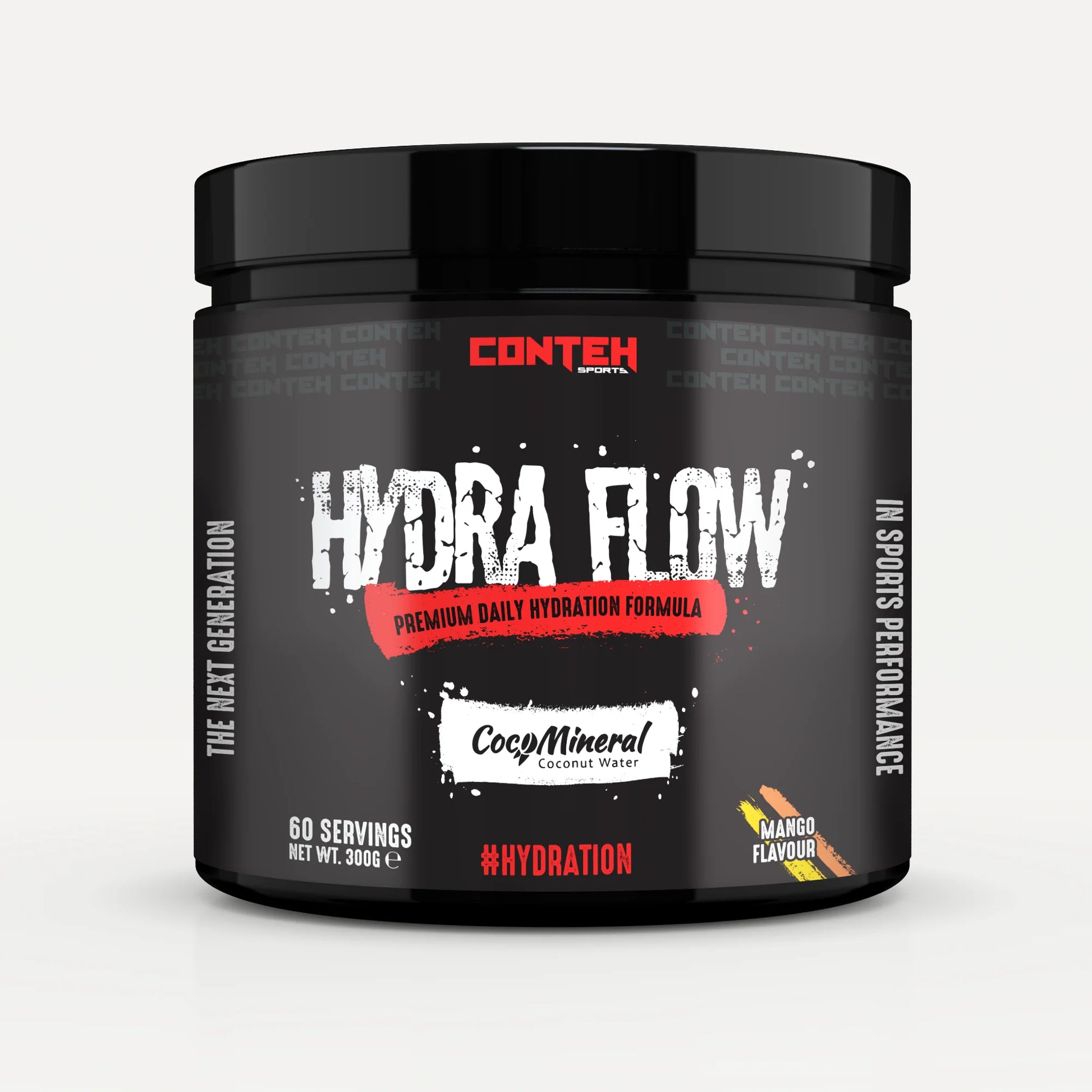 Black container of Conteh Hydra Flow hydration formula on a white background